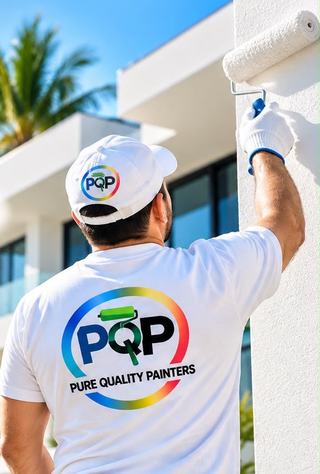 Pure Quality Painters crew member rolling fresh white paint on a home exterior